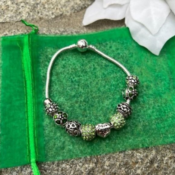 Elegant Silver & Green Charm Bracelet - Picture 2 of 5